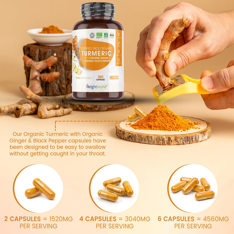 Organic Turmeric Capsules High Strength 1520mg - with Black Pepper & Ginger - 180 Capsules (3 Months Supply) - Soil Association Certified Turmeric Supplement - Natural & Vegan - Made in The UK - BeesActive Australia