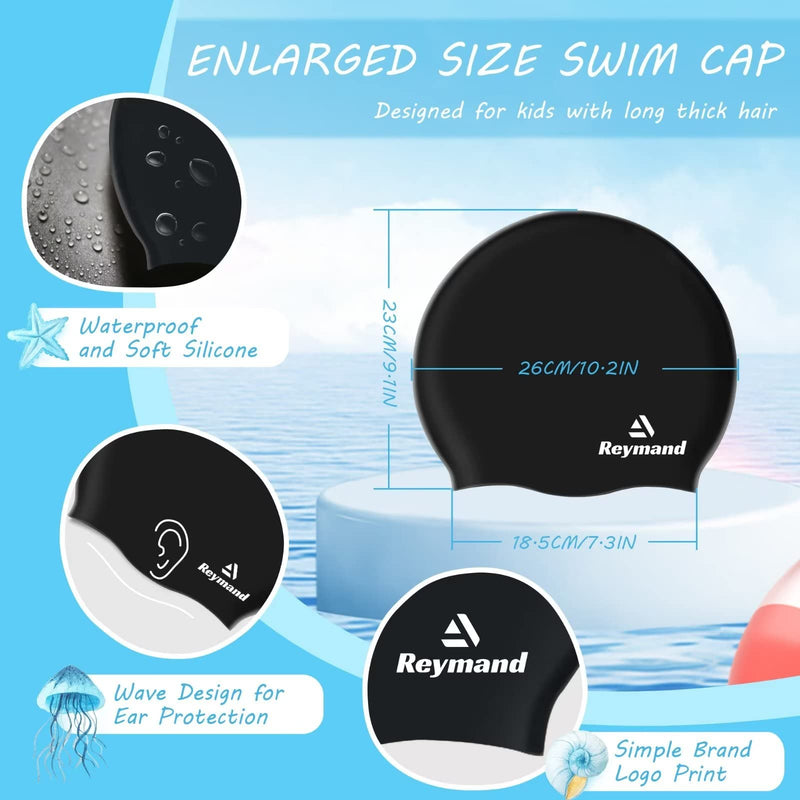 2 Pack Kids Extra Large Swim Cap for Long Thick Hair, Waterproof Silicone Swimming Cap for Toddler Child Youth Girls Boys, Durable Swim Hats Bathing Caps for Braids, Dreadlocks, Extensions, Afros Black+Purple - BeesActive Australia