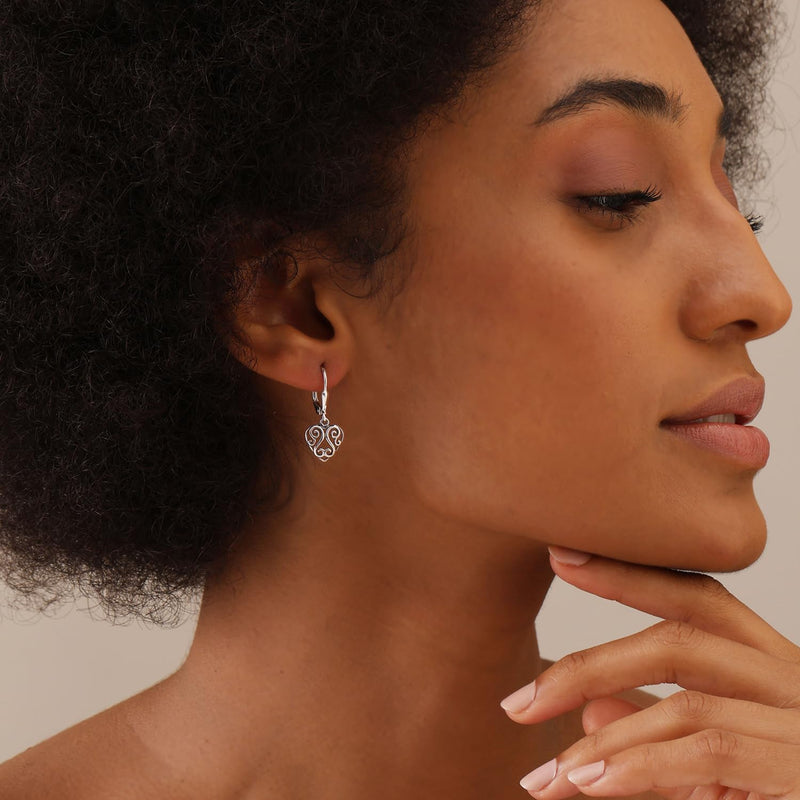 LeCalla 925 Sterling Silver Lever-Back Earring Lightweight Leverback Bohemia Teardrop Drop Dangle Earrings for Women Heart-Filigree AT - BeesActive Australia