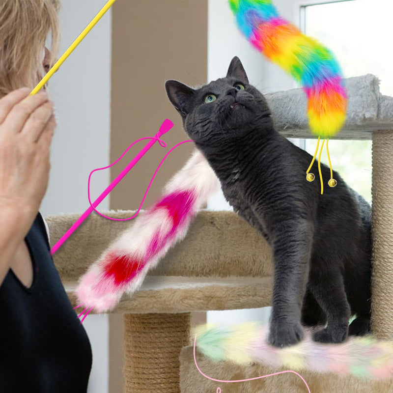 Lepawit 3 Pack Cat Wand Toy, Rainbow Cat Feather Toys with Bells, Cat Teaser Wand with Soft Furry Tail, Interactive Cat Toys for Indoor Cats & Kitten & Kitty B-Rainbow Cat Wandr Toys（3 pack） - BeesActive Australia