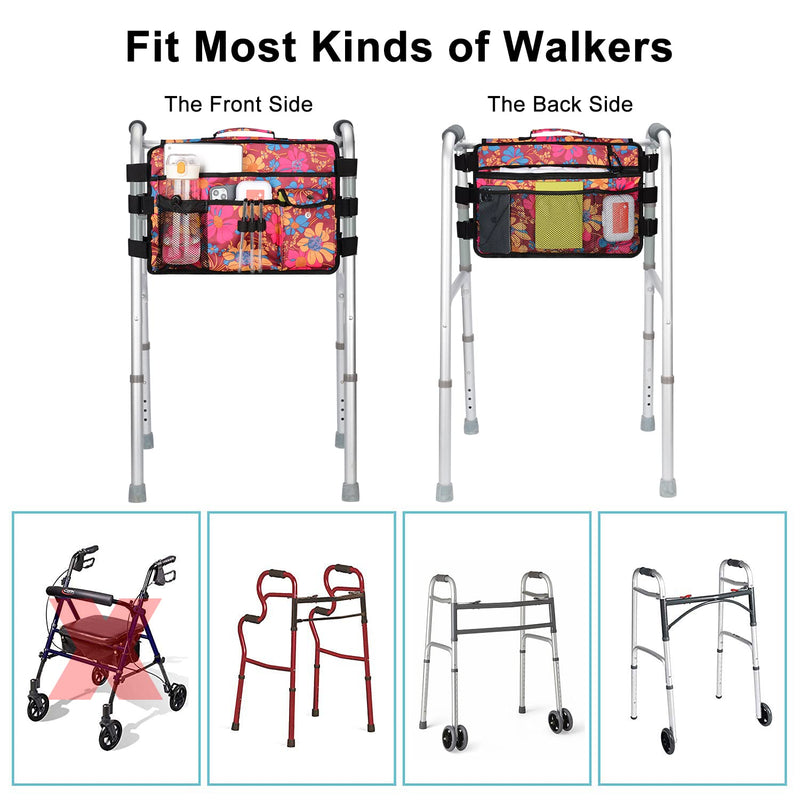 supregear Double Side Walking Frame Bag, Walker Basket with 9 Pockets and Large Compartment for Walker Rollator Wheelchair, Water Resistant Walker Organizer Pouch with Handle and Cup Holder (Floral) Floral - BeesActive Australia