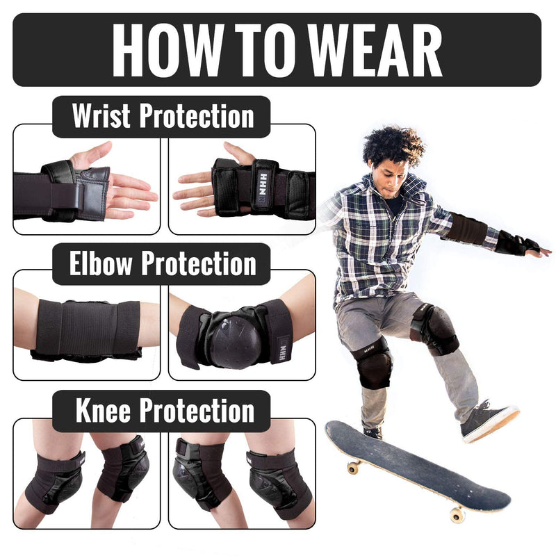 NHH Skateboard Knee Pads Set - 6 In 1 Protective Gear Set Knee Pads Elbow Pads and Wrist Guards for Kids Youth Adults Men and Women (Black, Small) Black - BeesActive Australia