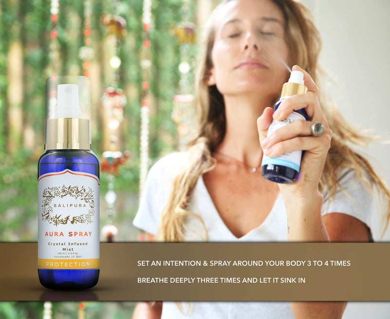 BALIPURA - Aura & Chakra Spray Gift for Women - Protection Spray Crystal Infused Mist with Black Tourmaline, Smoky Quartz and Citrine - Organic Essential Oil - Cleansing & Healing Energy - 3.4 fl.oz - BeesActive Australia