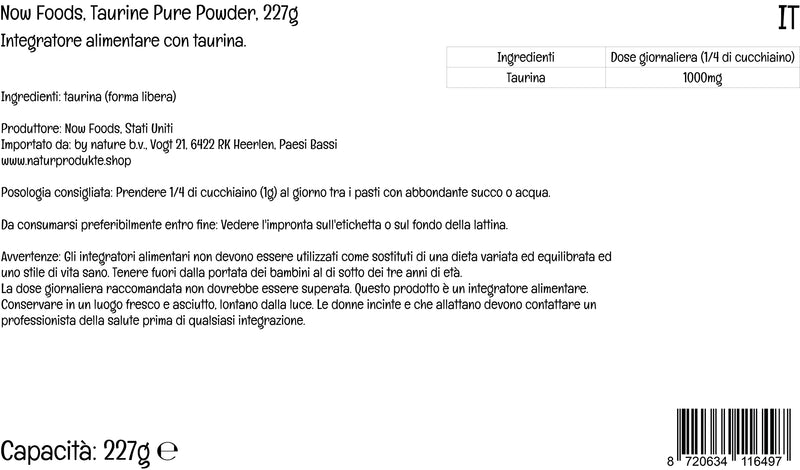 Now Foods, Taurine, Free Form, 227g Vegan Powder, Lab-Tested, Soy Free, Gluten Free, Non-GMO, Vegetarian - BeesActive Australia