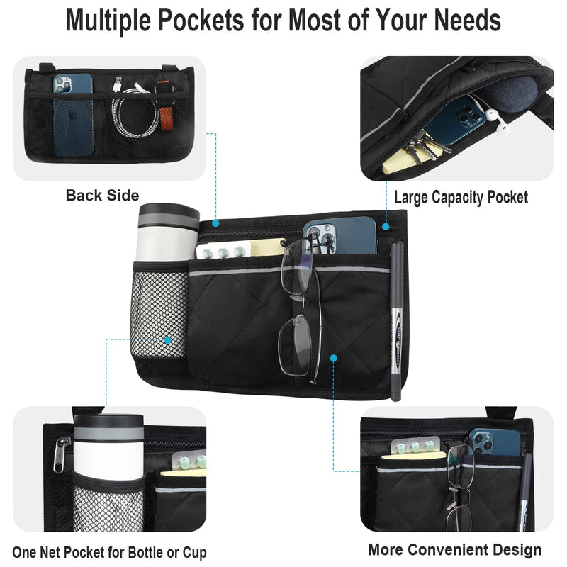 Wheelchair Side Organizer Storage Bag Armrest Pouch with Cup Hold and Reflective Strip, for Most Wheelchairs, Walkers or Rollators (Black) Black - BeesActive Australia