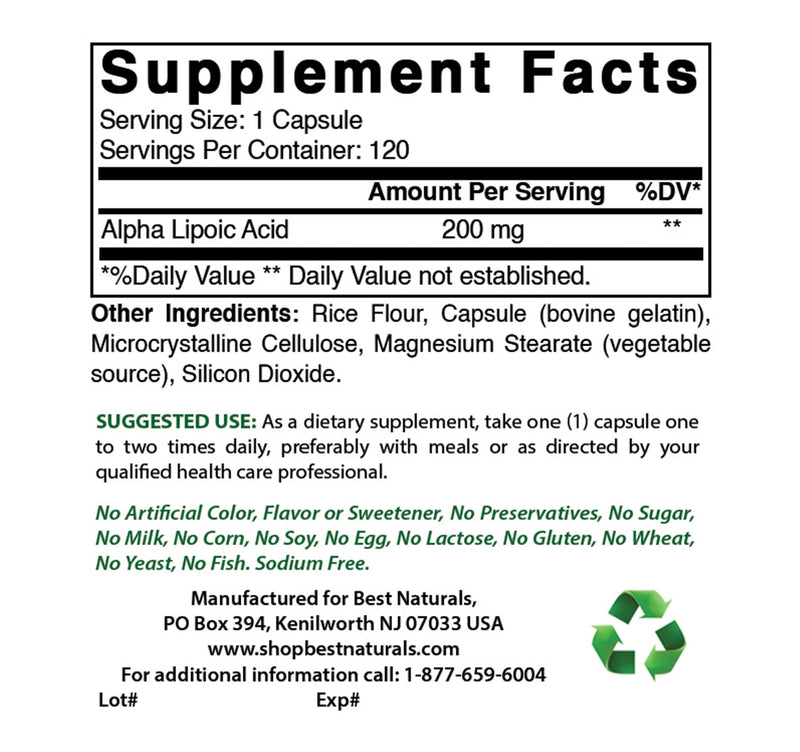 Best Naturals Alpha Lipoic Acid 200 Mg 120 Capsules (120 Count (Pack of 1)) 120 Count (Pack of 1) - BeesActive Australia