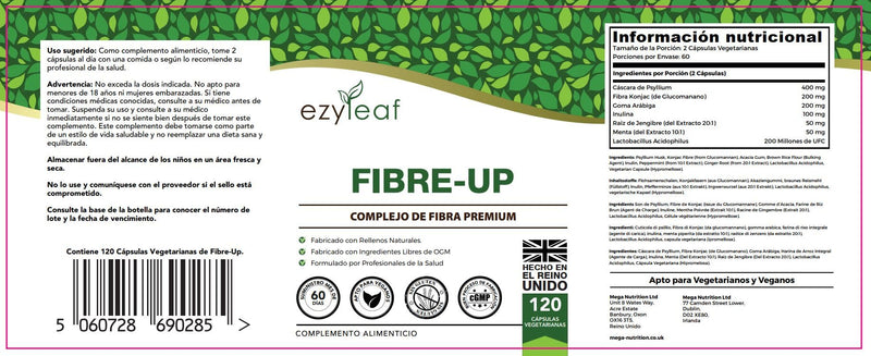 Ezyleaf Fibre-UP Psyllium Husk Capsules | Multi Fibre Supplement + Probiotics & Prebiotics | Inulin, Glucomannan, Acidophilus Probiotic, Acacia Fibre, Peppermint 120 Caps | Non-GMO Vegan Allergen Free - BeesActive Australia