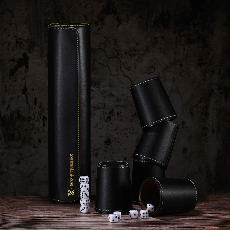 Party Games Leather Dice Cup Set, 5 Black Leather Dice Cups + 25 Dice + Exclusive Storage and Transport Case Made of Faux Leather with Magnetic Closure - BeesActive Australia