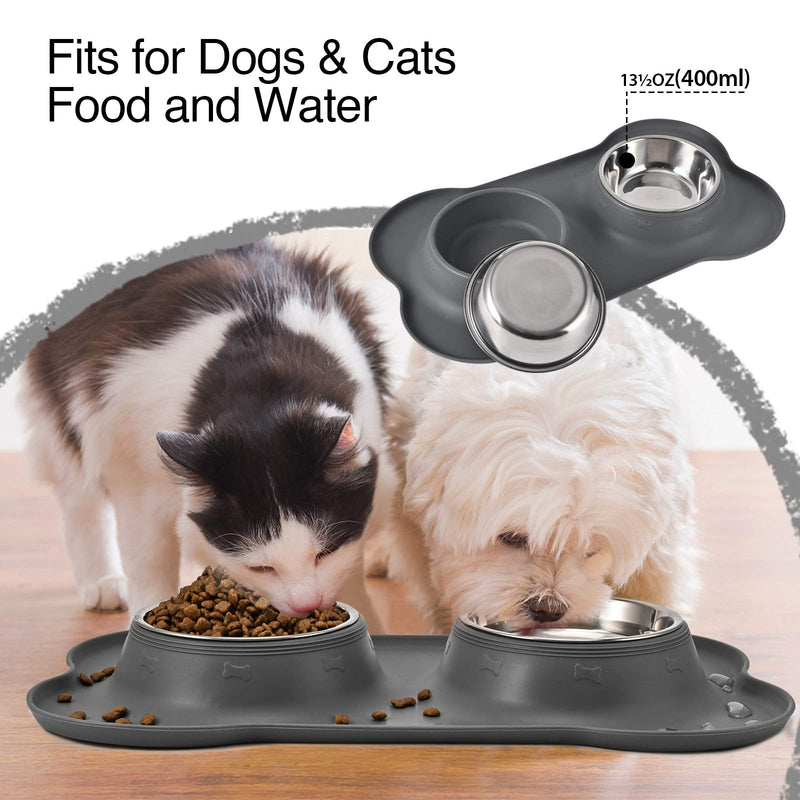Juqiboom Dog Bowls 2 Stainless Steel Bowl for Pet Water and Food Feeder with Non Spill Skid Resistant Silicone Mat for Pets Puppy Small Medium Cats Dogs 13½ oz ea Gray - BeesActive Australia