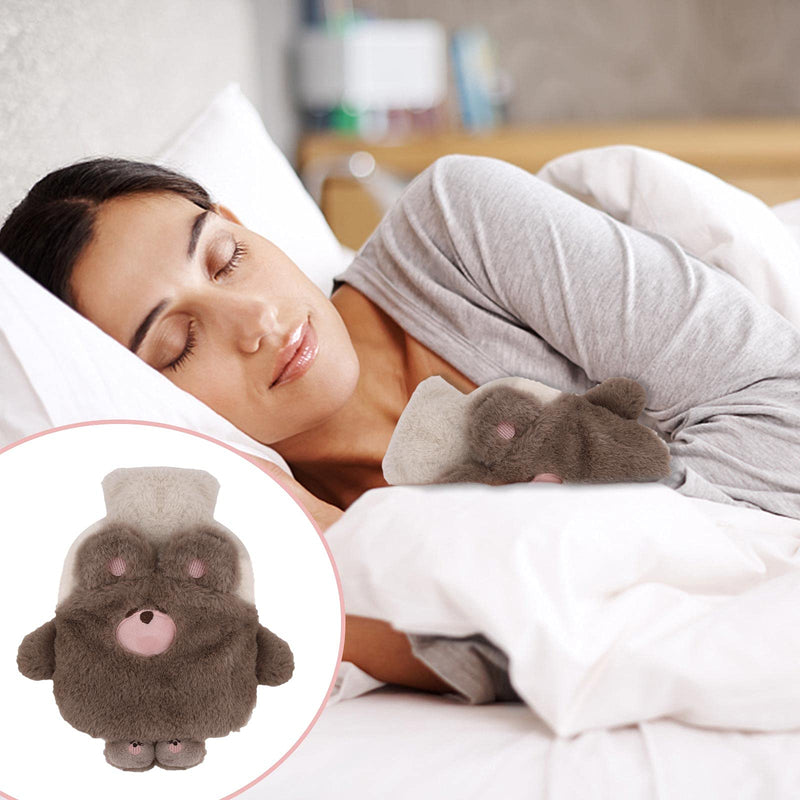 Hot Water Bottle 400ml Water Bag with Cute Fleece Cover for Cosy Nights Back Neck Waist Legs Bed Warm (Cute Bear) Cute bear - BeesActive Australia