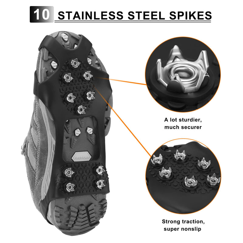 Rhino Valley Ice Cleats Spikes Crampons, 10 Stainless Steel Spikes Ice Grips for Men Women Shoes Boots Anti Slip Ice Grips Silicone Traction Cleats for Hiking Fishing Walking Mountaineering, M/L/XL M（5-8.5） - BeesActive Australia