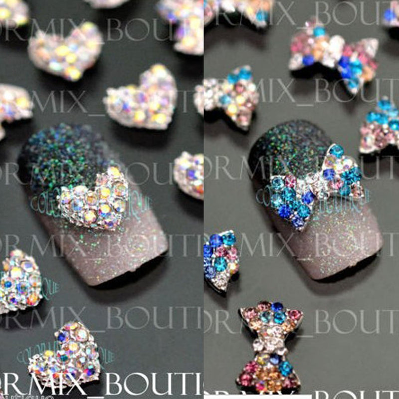 Lookathot 10PCS 3D Heart Bowknot Nail Art Decals Metallic Silver Studs Rhinestones Diamonds Pearls Drills Alloy Manicure DIY Decoration Tools (Heart(10pcs)) Heart(10pcs) - BeesActive Australia