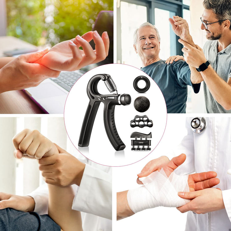 FitBeast Hand Grip Strengthener Workout Kit (5 Pack) Forearm Grip Adjustable Resistance Hand Gripper, Finger Exerciser, Finger Stretcher, Grip Ring & Stress Relief Grip Ball for Athletes Black - BeesActive Australia