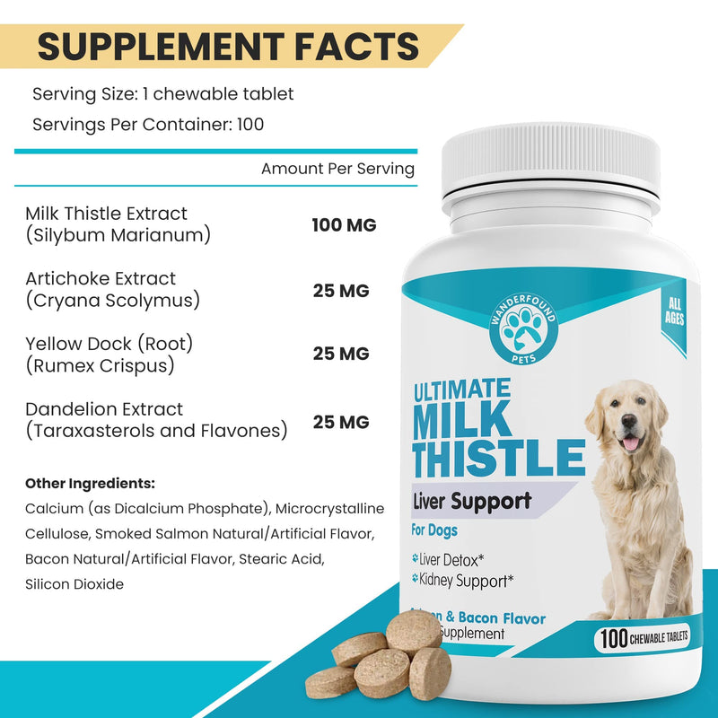 Wanderfound Pets - Milk Thistle for Dogs, Natural Liver Support for Pets, Kidney Cleanse Detox & Repair Formula, Salmon and Bacon Flavor, 100 Chewable Supplement Tablets - BeesActive Australia