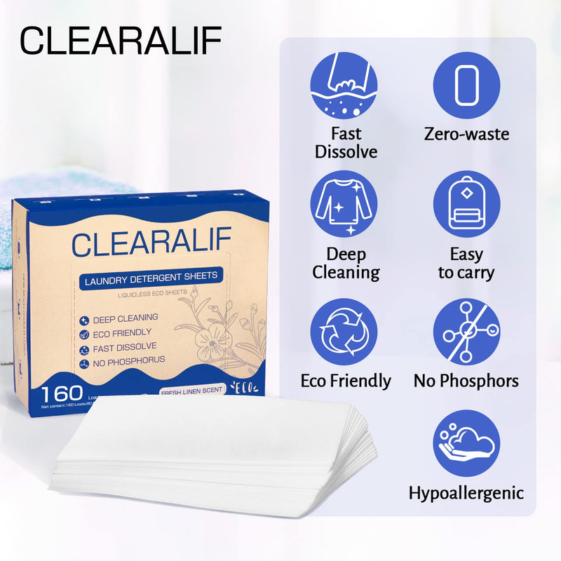 CLEARALIF Laundry Detergent Sheets Up to 160 Loads, Fresh Linen - Great For Travel,Apartments, Dorms,Laundry Detergent Strips Eco Friendly & Hypoallergenic 1 PACK - BeesActive Australia