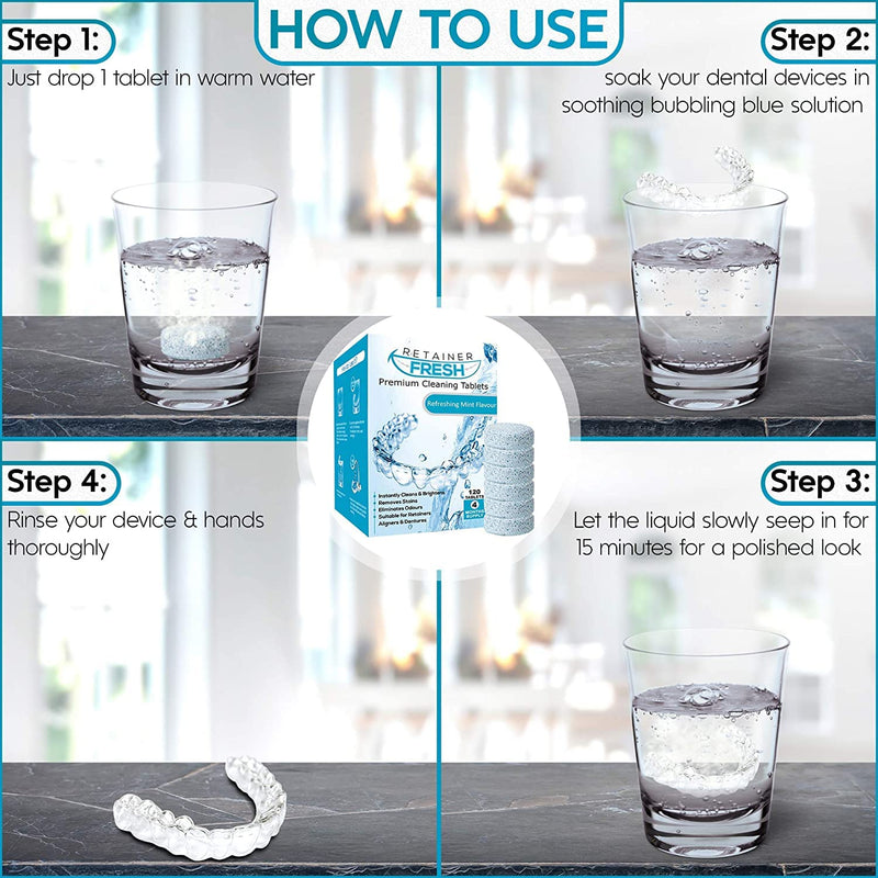 Retainer Cleaning Tablets - 120 Tablets 4 Months Supply Retainer Fresh, Brite, and Stain-Free - Retainer Cleaner Tablet, Mouth Guard, Dentures, Aligners 120 Count (Pack of 1) - BeesActive Australia