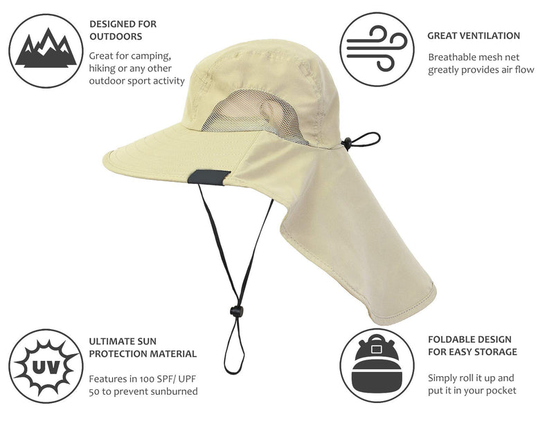 [AUSTRALIA] - Tirrinia Mens Wide Brim Sun Hat with Neck Flap Fishing Safari Cap for Outdoor Hiking Camping Gardening Lawn Field Work, Tan 