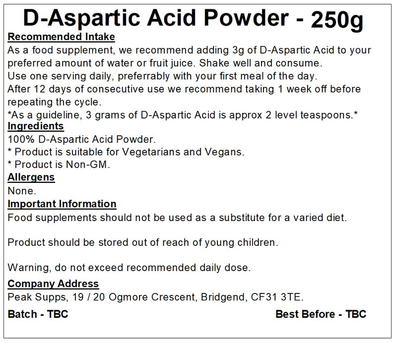 D-Aspartic Acid Powder | Pure DAA (250g) 250 g (Pack of 1) - BeesActive Australia