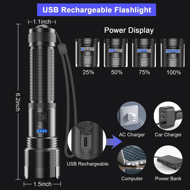 LED Flashlights High Lumens Rechargeable, 2 Pack 8000 Lumens Super Bright LED Flash Light, Zoomable, 5 Modes, IPX5 Waterproof High Power Handheld Tactical Flashlight for Camping, Emergency, Outdoor - BeesActive Australia
