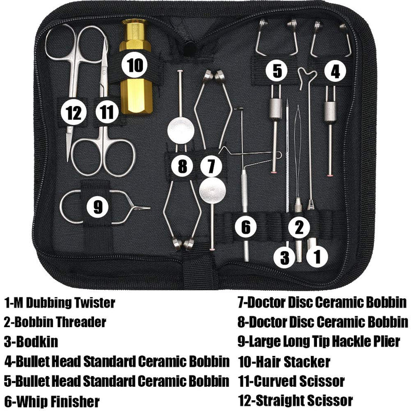 XFISHMAN Fly Tying Tool Kit 7-8-12 in 1 with Bobbin Finisher Scissors Vise Hackle Hair Stacker Fly Fishing Tying Tools Set  B Premium 12 in 1 Fly Tying Tools Kit - BeesActive Australia