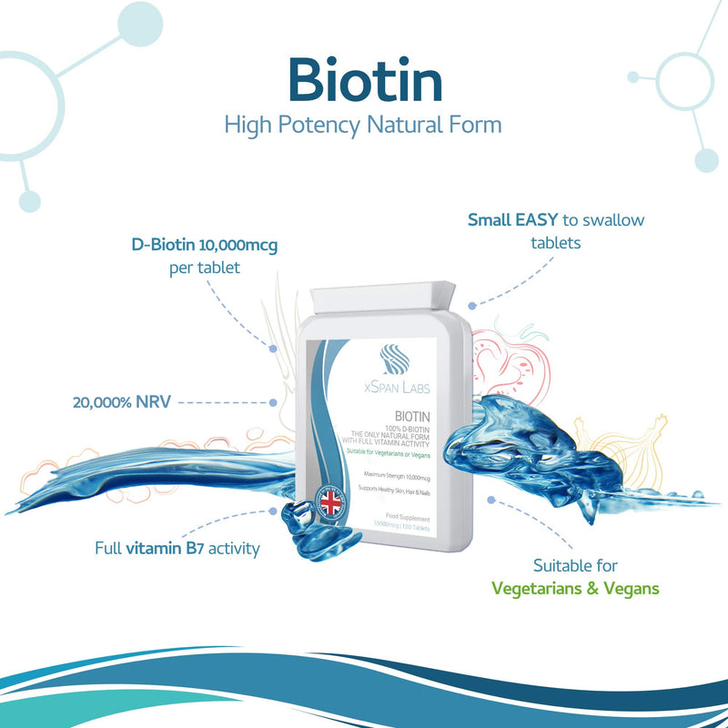 Biotin 10,000mcg 120 Tablets - Made Using 100% D-Biotin The only Natural Form with Full Vitamin B7 Activity to Support Healthy Hair, Nails and Skin - BeesActive Australia