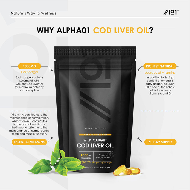Cod Liver Oil 1000mg � Wild-Caught - Source of Omega-3 Fatty Acids � Rich in Vitamins A + D3 � Immune Health + Vision Support � 2 Months Supply - Non GMO, Gluten Free, Halal � 60 Softgels - BeesActive Australia