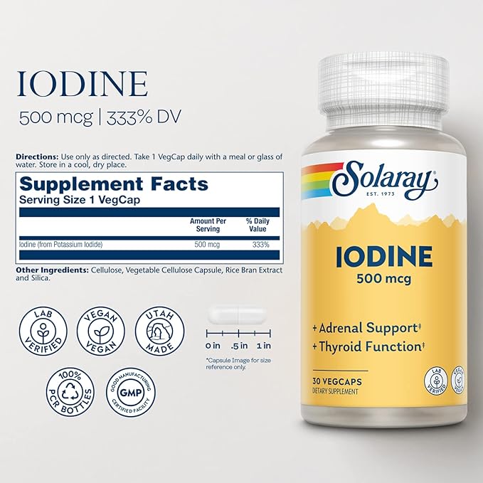 Solaray, Iodine derived from potassium iodide, 500 μg x 30 capsules, 500 mcg x 30 cap, Potassium Iodide, vegetable capsules [directly shipped overseas] - BeesActive Australia