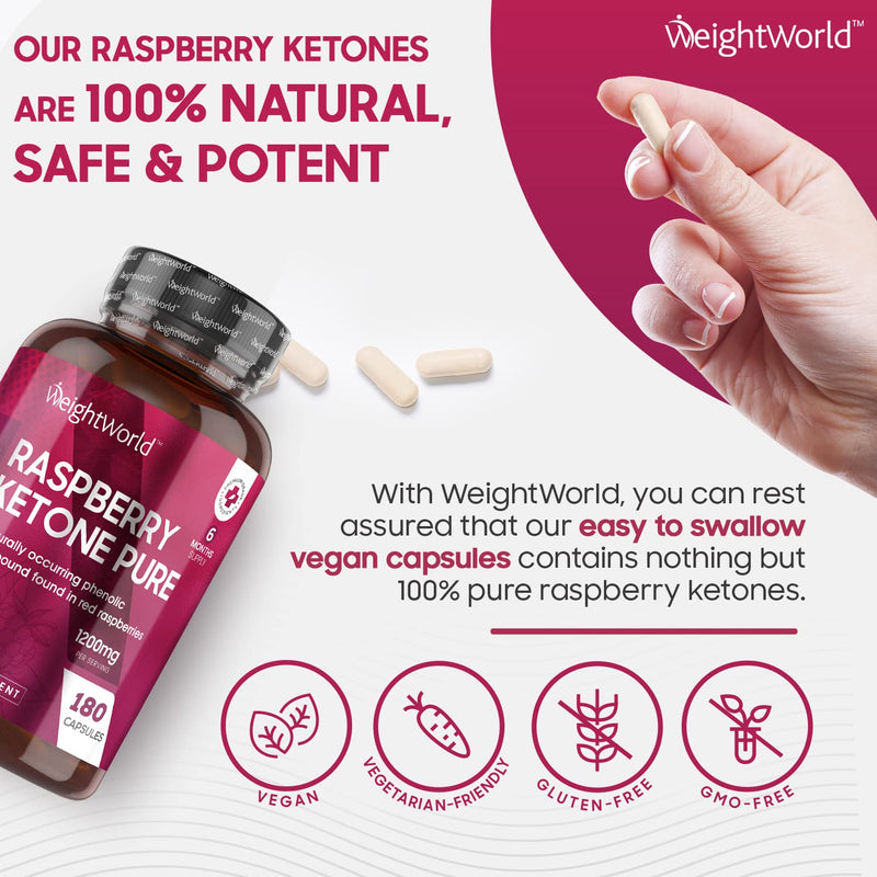 Pure Raspberry Ketones - 6 Months Supply - 180 High Strength Raspberry Ketone Capsules - Suits Low Carb & Keto Diet - Feel Fuller & Lighter - Vegan Ketones Supplements for Men & Women - Made in the UK - BeesActive Australia