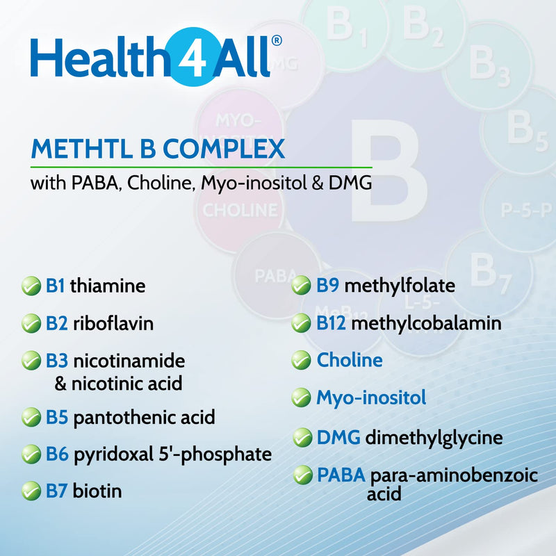 Methyl B Complex 60 Capsules (V) (not Tablets) with Methylcobalamin, Methyl Folate, P5P, Choline, Myo-Inositol, DMG and PABA for Stress Support, Energy and methylation. Made in UK by Health4All 60 Count (Pack of 1) - BeesActive Australia