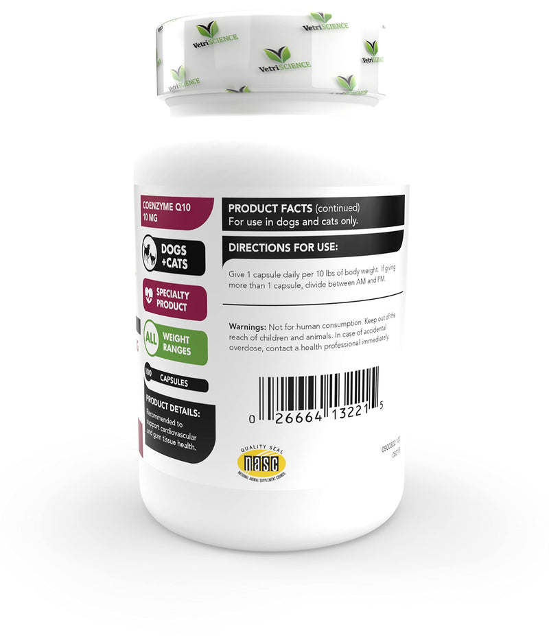 Vetri-Science VETRISCIENCE Coenzyme Q10 for Dogs and Cats, 10mg, 100 Capsules - Cardiovascular and Gum Health CoQ10 Supplement for Pets - BeesActive Australia