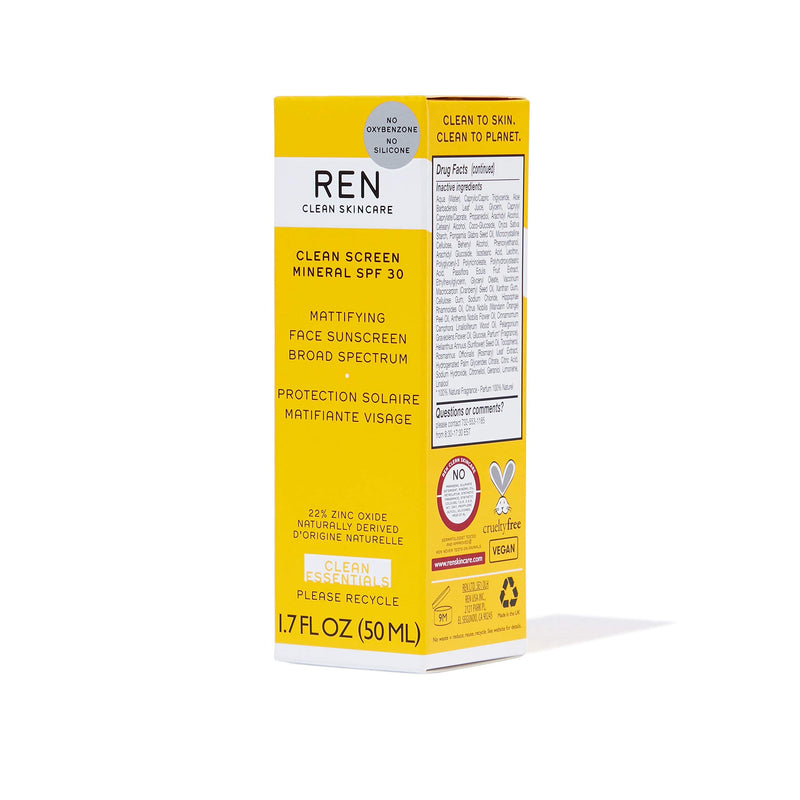 REN Clean Skincare Clean Screen Mineral Mattifying Face Sunscreen for Sensitive Skin SPF 30 50ml (Packaging may vary) - BeesActive Australia