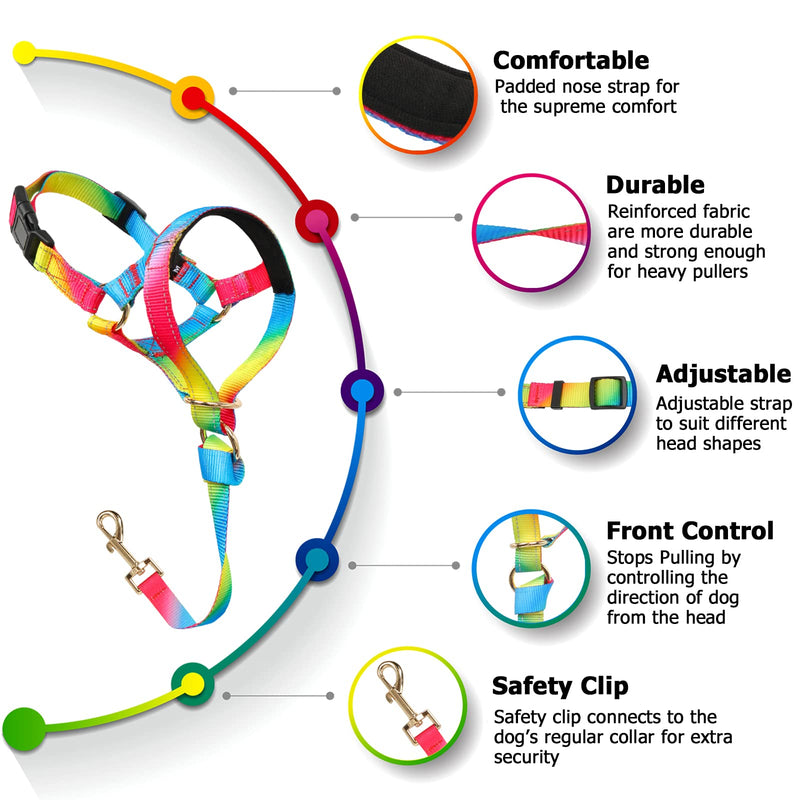 Dog Head Collar, No Pull Rainbow Head Halter for Heavy Pullers, Effective Padded Head Harness Stops Pulling on Leash for Walking Small Medium Large Dogs L Fantasy Rainbow - BeesActive Australia