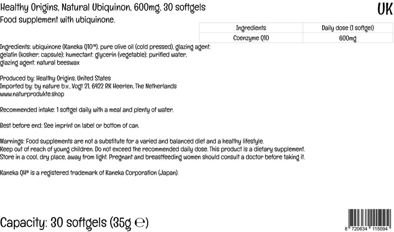 Healthy Origins, Natural Ubiquinone with Kaneka QH, 600mg, High Strength, 30 Softgels, Lab Tested, Gluten Free, Soy Free, Non-GMO - BeesActive Australia