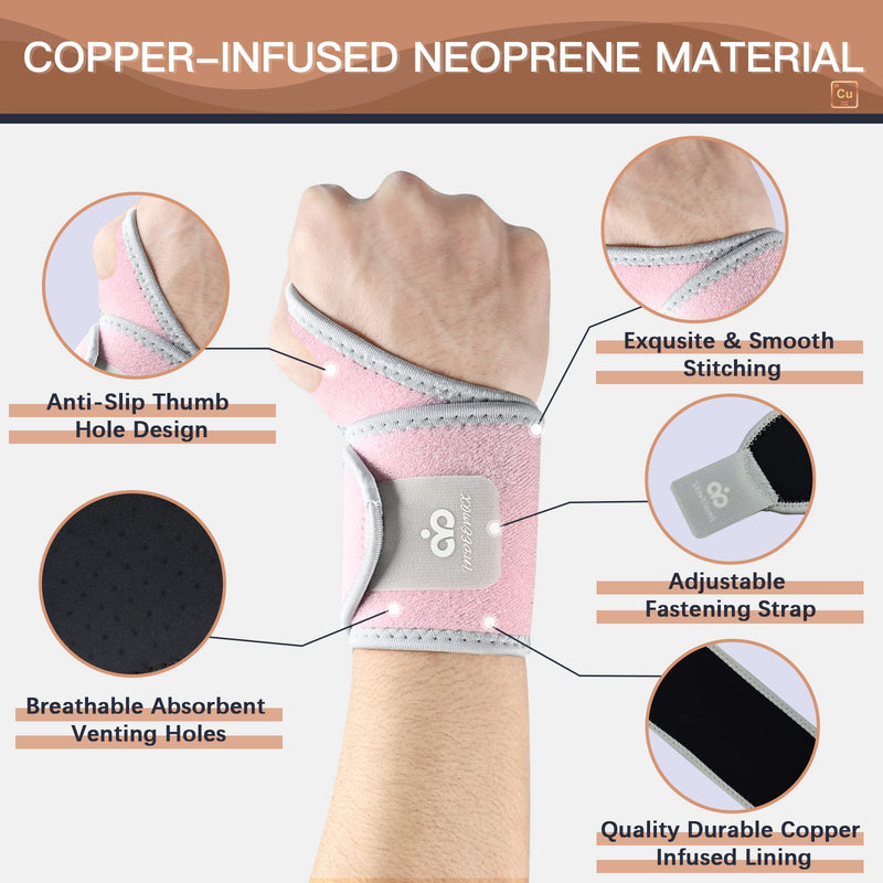 INDEEMAX 2 Pack Copper Wrist Brace Support for Carpal Tunnel, Pain Relief, Arthritis, Tendonitis, Adjustable Wrist Braces Compression Wraps Both Hands, Fit for Men and Women, Pink - BeesActive Australia