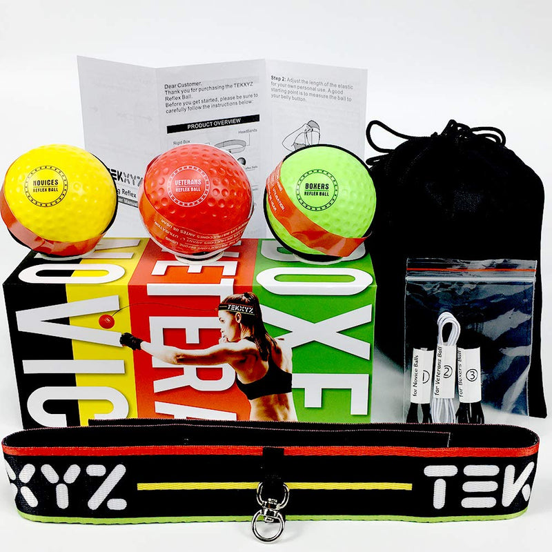 [AUSTRALIA] - TEKXYZ Reflex Ball Upgraded Set - Comfortable Headband with 3 React Reflex Balls, Great for Reflex, Timing, Accuracy, Focus and Hand-Eye Coordination Training for Kids, Adults, Men, and Women 