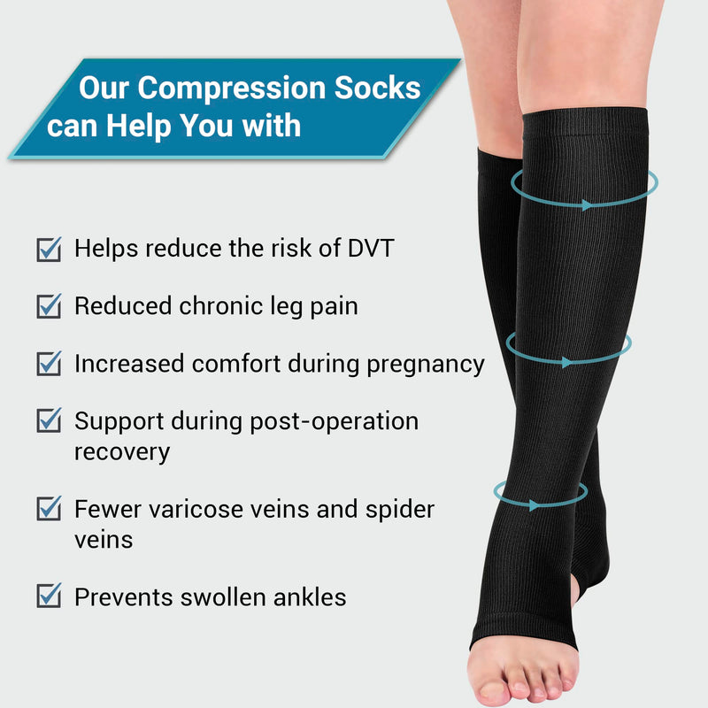 Leg & Foot Recovery Kit - 2 Pair Open Toe Medical Compression Socks for Women & Men (L/XL) with Laundry Bag & 1 x Foot Roller Massager - Flight or Running Socks - Pregnancy Recovery Varicose Veins Large / X Large - BeesActive Australia