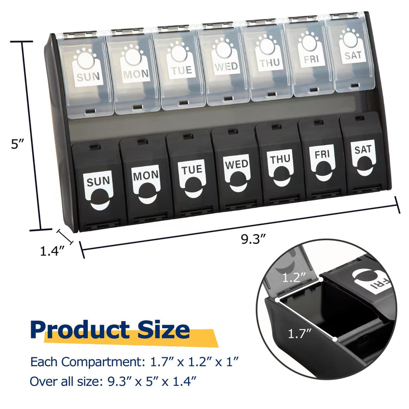 XL Large Weekly Pill Organizer 2 Times A Day, Hinged Lids Daily Vitamin Pill Box Holder Am Pm,Big Pill Container 7 Day, Medication Aid Organizer Twice A Day Small Medicine Organizer for Supplyment Black - BeesActive Australia