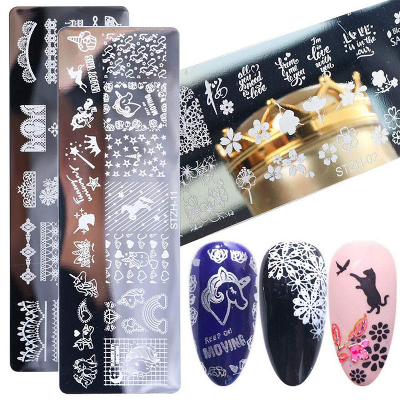 Mwoot 6Pcs Pretty Nail Art Stamping Plate Set Unicorn Cat Bird love Leaves Lace Theme Manicure Print Tool - BeesActive Australia