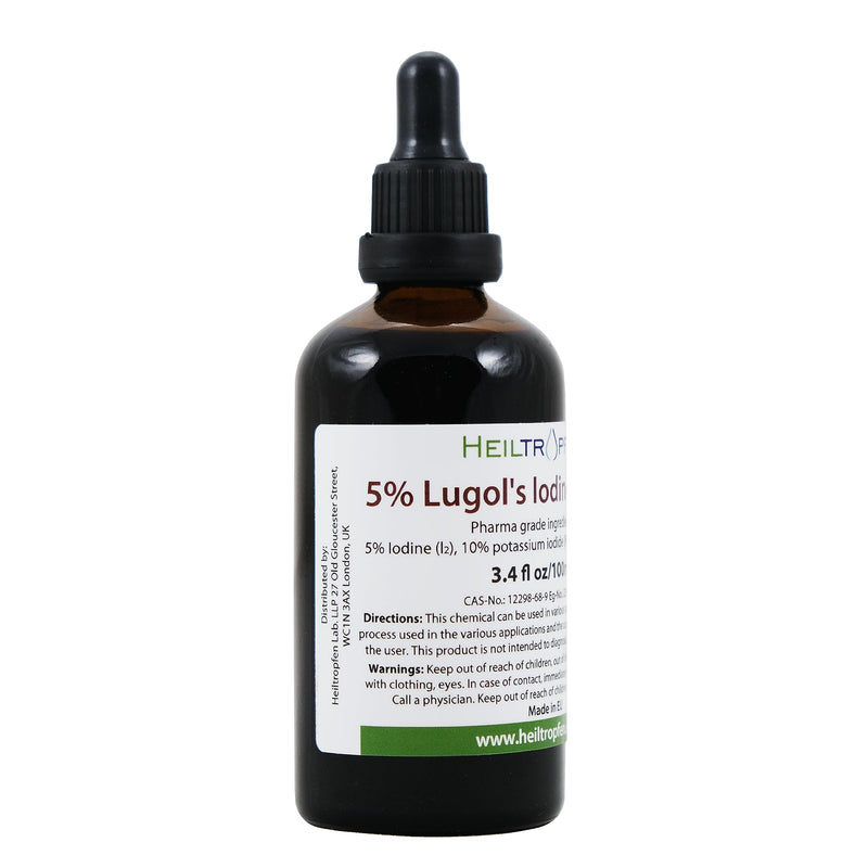 Lugols Iodine Solution 5% 3.4 Oz - 100 ml | 15% liquid formulation | 5 percent Iodine Supplement - Liquid Drops | Thyroid Support | Made with 5 Percent Iodine and 10% Potassium Iodide | Heiltropfen� - BeesActive Australia