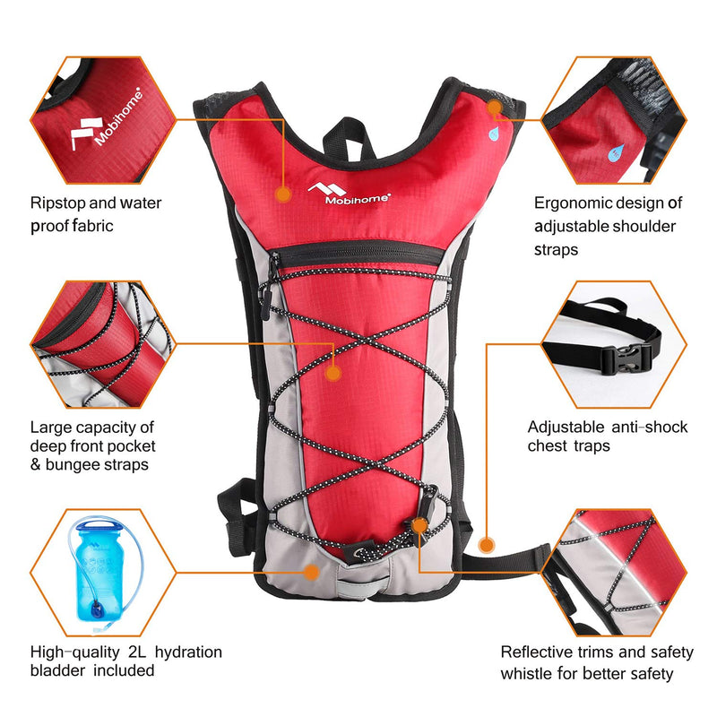 [AUSTRALIA] - Mobihome Hydration Backpack Lightweight Sport Daypack & Bike Backpacks with 2L Leak Proof Water Bladder, Adjustable Padded Shoulder, Chest & Waist Straps for Running, Hiking, Cycling, Climbing red 