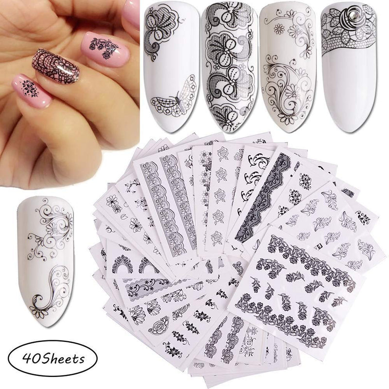 Valuu 40 Sheets Nail Art Stickers Water Transfer Nail Decals Black Lace Flower Series Design Manicure Tips，Nail Tips DIY Toenails Nail Art Decorations Accessories - BeesActive Australia