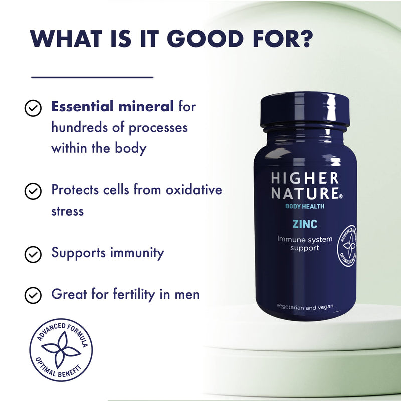 Higher Nature - Zinc - Immune System, Cognitive Function & Fertility Support - Gluten Free - Vegetarian & Vegan - 90 Tablets - BeesActive Australia