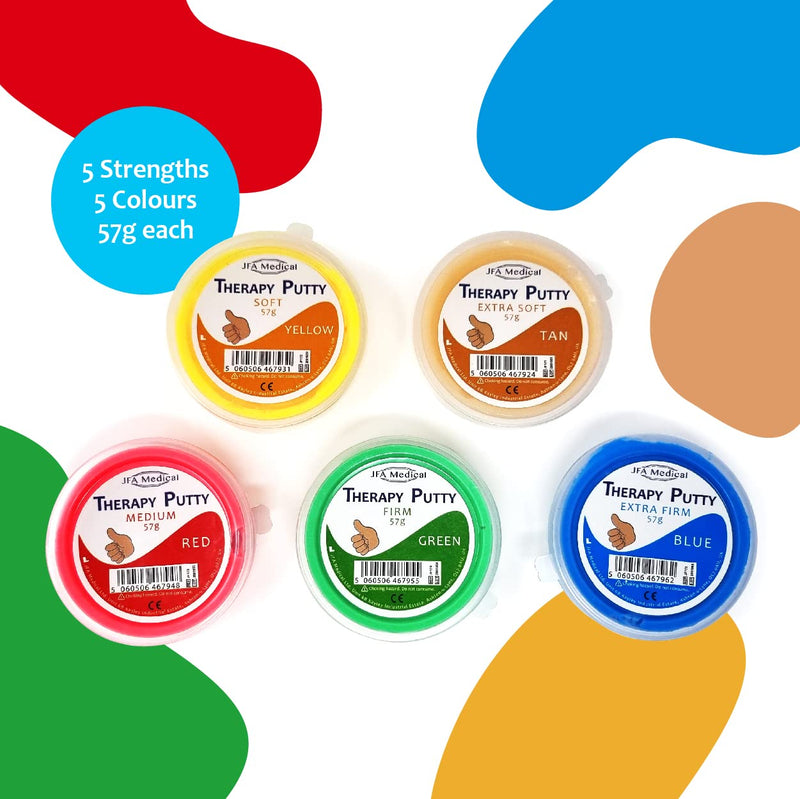 JFA Medical Therapy Exercise Putty 5 Strengths - Extra Soft, Soft, Medium, Firm, Extra Firm 57g Tubs - BeesActive Australia