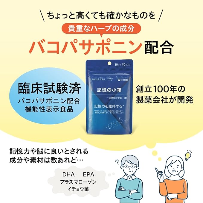 Nippon Shinyaku Memory Supplement Small Box of Memory (90 tablets, 30 days supply) Contains clinically tested bacopa saponin Bacopa Ginkgo biloba Ginkgo biloba extract DH - BeesActive Australia