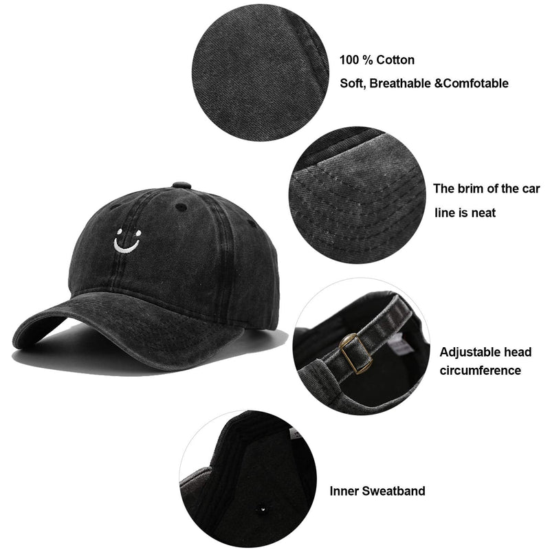 Smile Face Baseball Cap Vintage Distressed Low Profile Unstructured Cotton Dad Hat Adjustable for Women Men Grey - BeesActive Australia