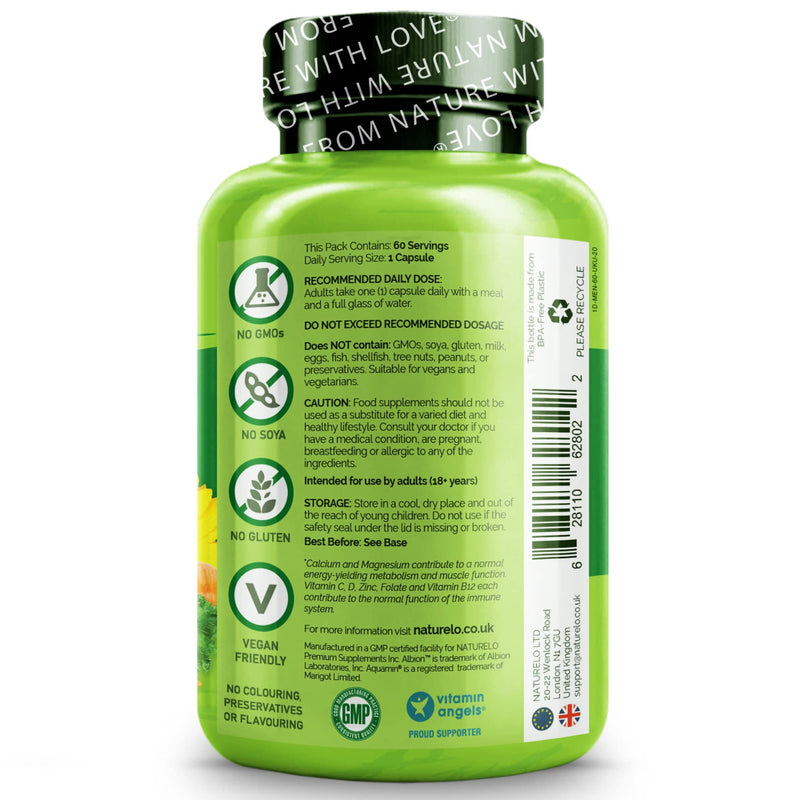 NATURELO One Daily Multivitamin for Men - with Natural Food-Based Vitamins, Minerals, Fruit & Vegetable Extracts - Best for Maintaining Essential Nutrients - 60 Vegan Capsules | 2 Month Supply 60 Count (Pack of 1) - BeesActive Australia