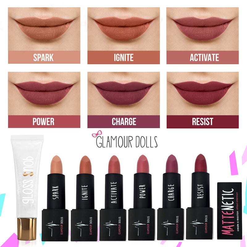 Glamour Dolls Lip Kit - Lipstick Set w/Clear Lip Gloss For Girls - in 6 Mattenetic Colors - 100% Vegan & Cruelty Free Matte Lipstick Set (Resist) Resist - BeesActive Australia