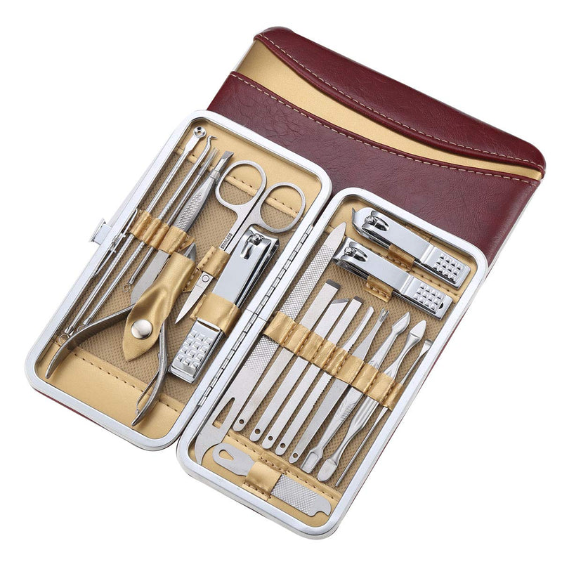 Pedicure Manicure Kit 19 in 1 Manicure Set Professional Sharp Nail Clippers Stainless Steel Cutter & Vibrissac Scissors for Men & Women Fingernails & Toenails with Superb Case (Wine red_19 pieces) Wine red_19 pieces - BeesActive Australia