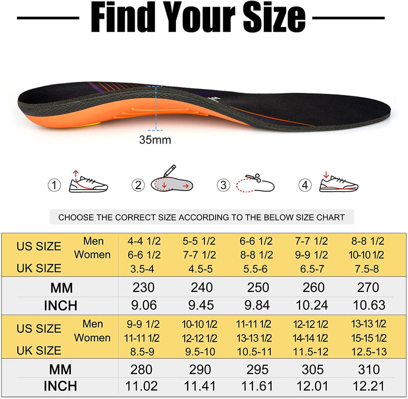 Full Length Arch Support Shock Absorption Orthotic Insole,Insert for Flat Feet,Plantar Fasciitis,Relieve Foot Soreness Unisex,Suitable Athletic,Work Shoes(Size:UK-5,Length:9.44",Black) UK-5-24CM--9.44" Black - BeesActive Australia