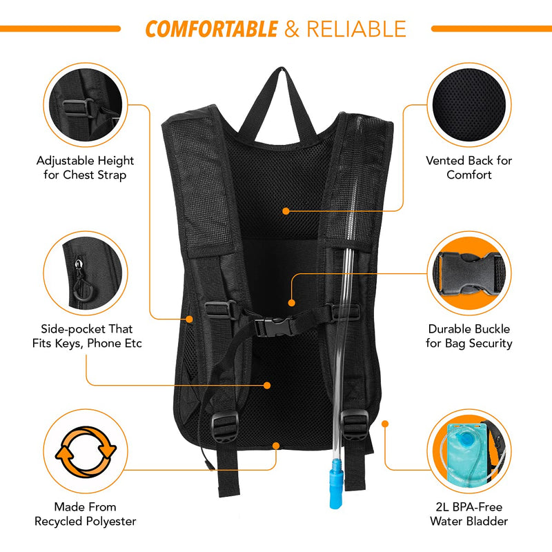 Vibe Hydration Backpack Pack from Recycled Polyester - 2L Bladder for Women Men Rave Black - BeesActive Australia